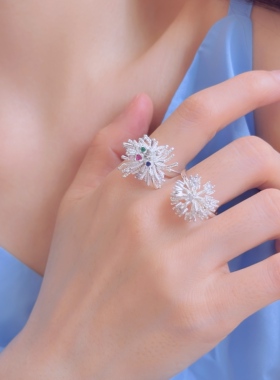 超闪彩色锆石烟花戒指女小众高级感轻奢甜美开口可调节食指戒环