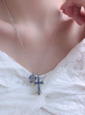 蓝色锆石爱心克罗十字架吊坠棍链项链女小众个性甜酷少女锁骨链