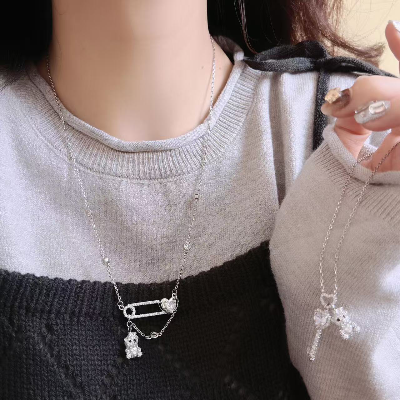 银色微镶爱心别针钥匙小熊项链女小众精致轻奢气质百搭风锁骨链