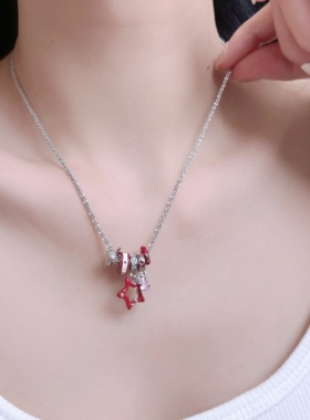 甜酷少女镶锆红色滴釉星星圈圈项链小众设计感甜美气质百搭锁骨链
