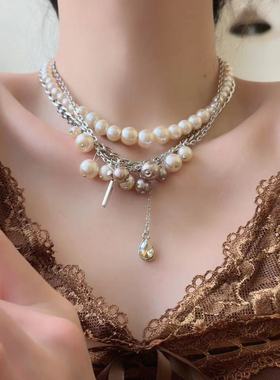 甜美轻奢香槟色珍珠十字架项链