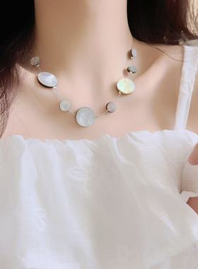 克莱因蓝色圆墨片项链女高级感轻奢小众精致超显白百搭锁骨链颈链