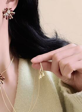 酒红色滴釉锆石烟花耳环项链女气质轻奢高级感精致抽拉锁骨链耳饰