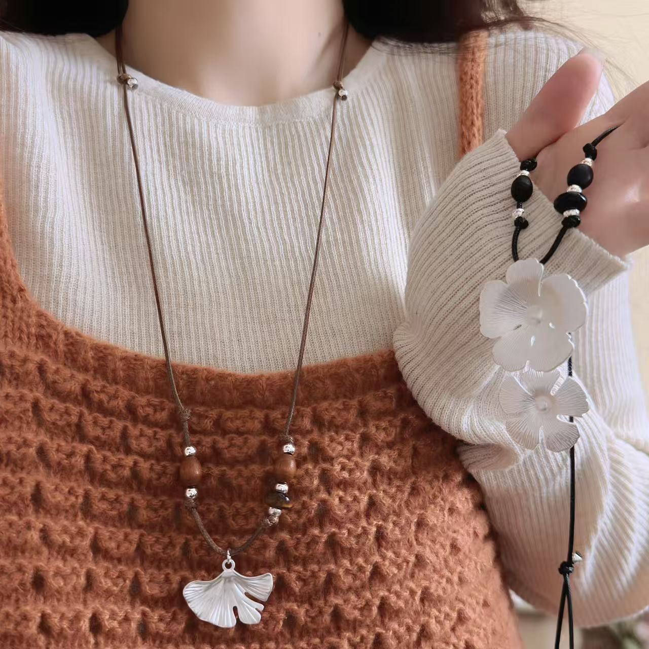 新中式银色繁花银杏叶编织绳项链女小众设计秋冬百搭长款毛衣链