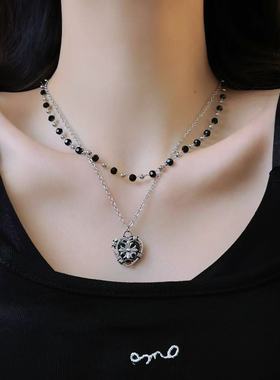 黑色串珠爱心十字架多层叠戴项链女小众个性甜酷辣妹风颈链锁骨链