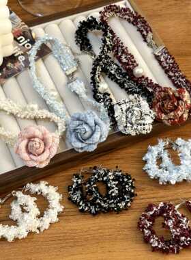 小香风山茶花choker耳环蕾丝