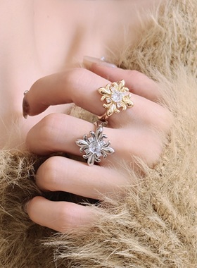 超闪锆石鸢尾花十字架戒指女时尚通勤轻奢气质百搭可调节食指戒