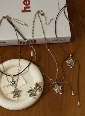 美拉德毛绒豹纹字母锆石星星耳钉项链小众甜酷气质百搭耳饰毛衣链