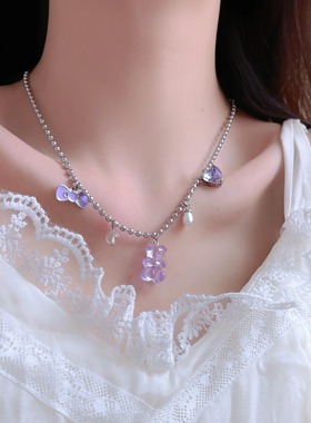 甜酷少女紫色小熊蝴蝶结爱心吊坠项链女甜酷辣妹气质圆珠链锁骨链