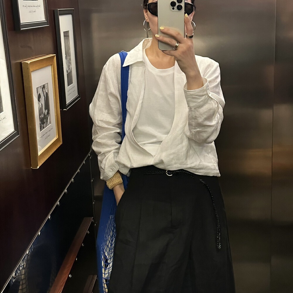 长袖上衣女ONIVINTAGE深V领极简亚麻假两件衬衫女慵懒随性氛围感