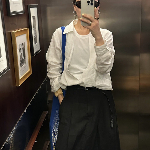 长袖上衣女ONIVINTAGE深V领极简亚麻假两件衬衫女慵懒随性氛围感
