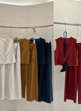 ni bie zou 韩系棉麻无袖圆领毛边马甲上衣+显瘦阔腿休闲裤两件套