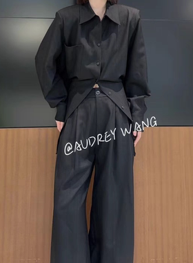 W衬衫套装设计师不规则交叉美式长袖衬衫宽松垂地感阔腿长裤套装