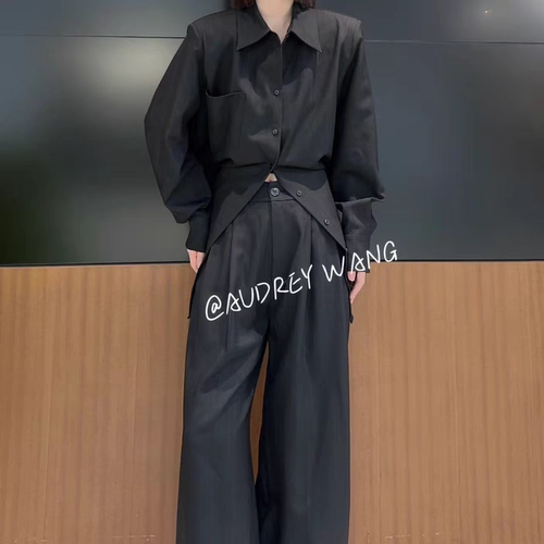 W衬衫套装设计师不规则交叉美式长袖衬衫宽松垂地感阔腿长裤套装