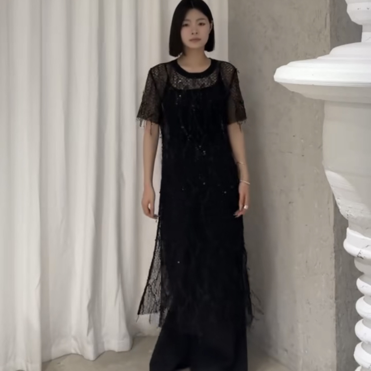 W设计感重工亮片流苏微透圆领T恤连衣裙2025夏季新款裙子女欧货潮