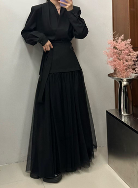 W纱裙黑色多层网纱半身裙女小众可拆卸设计感春秋新款半身长裙子