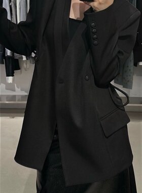 W西装外套女极简轻熟风高质感黑色V领绑带时尚宽松收腰显瘦上衣女
