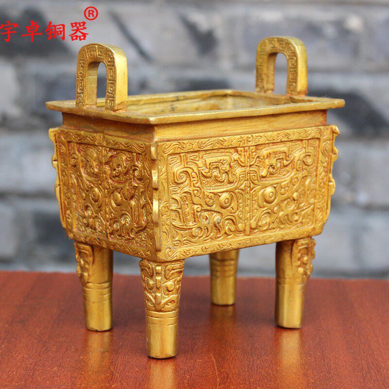 宇卓铜器工艺品桌面摆件开业礼品四足兽面鼎 牛面鼎纯铜鼎黄铜鼎