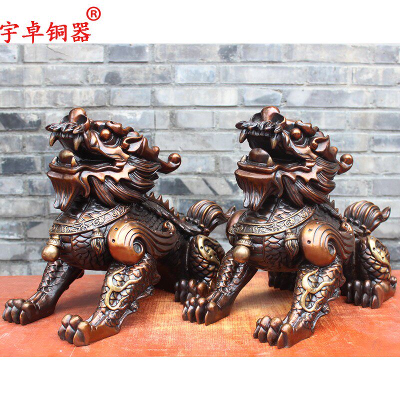 纯铜麒麟 黄铜麒麟 爪子麒麟坐姿麒麟一对家居装饰桌面工艺品摆件