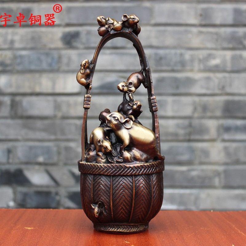 宇卓铜器纯铜鼠篮黄铜鼠篮多只鼠家居装饰复古工艺品桌面摆件