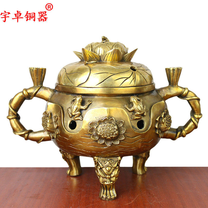 宇卓铜器  纯铜香炉黄铜香炉双耳青蛙莲花铜熏香炉工艺品摆件