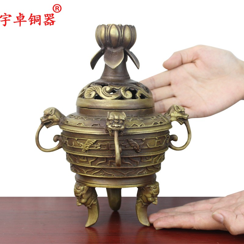 宇卓铜器 纯铜香炉黄铜香炉三足莲花香薰炉工艺品摆件