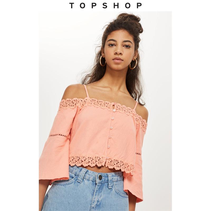 TOPSHOP PETITE嬌小版珊瑚色細肩帶花邊露肩女士上衣26N97LCOR