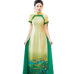 千百思走秀旗袍2025新款高端大气改良版演出服千里江山图连衣裙女