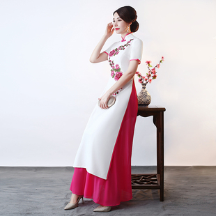 2025年新款式正宗奥黛中国风旗袍走秀短袖长款舞台演出白色连衣裙