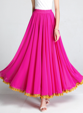 720度大摆裙a字雪纺红色半身裙金边舞蹈裙女春夏民族舞广场舞长裙