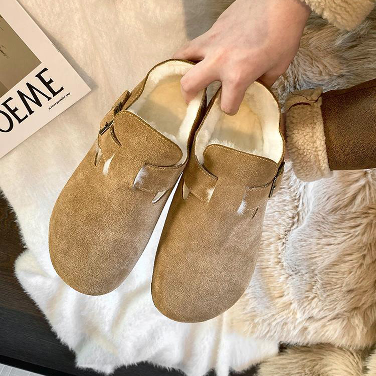 博肯鞋加绒加厚女鞋冬毛毛鞋女外穿棉拖鞋复古真皮大头鞋女士棉鞋