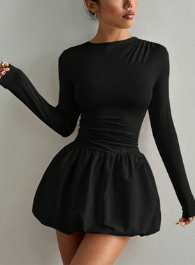 2026新款境dress亚马逊欧美时尚修身长袖连衣裙弹力蓬蓬裙女