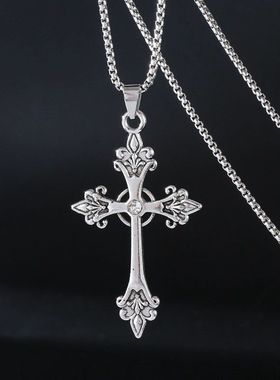 欧美简约复古菱形项链十字架吊坠项饰韩版酷气质冷淡风十字架项链