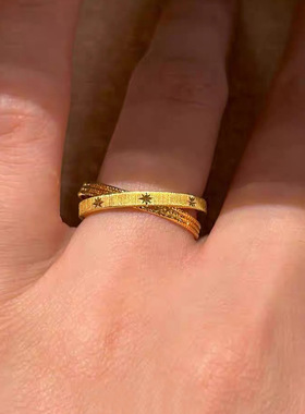 爆闪双层一体拉丝星芒戒指女小众设计百搭食指开口可调节指环气质