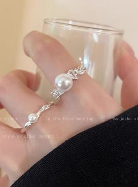 珍珠锆石开口戒指女2025年新款法式食指戒小众设计轻奢高级感指环