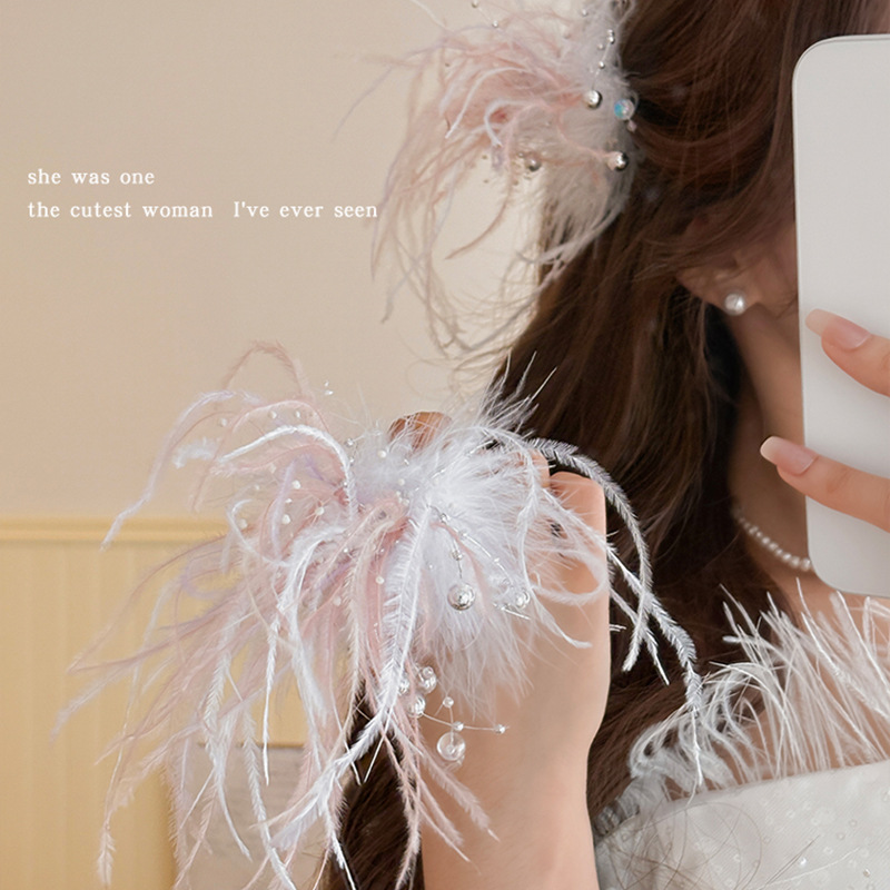 烟花易冷~氛围感羽毛发夹女侧边刘海夹ins仙气发卡新娘戒指头饰冬