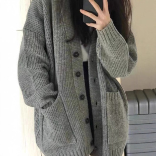 灰色中长毛衣外套女春秋冬外搭日系慵懒复古奶系穿搭软糯针织开衫