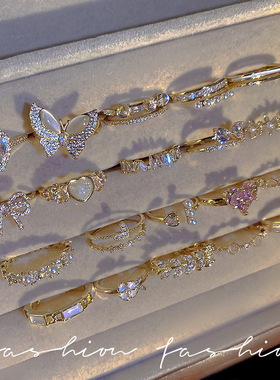 韩国轻奢高级感锆石珍珠戒指女复古小众设计蝴蝶结指环戒开口手饰