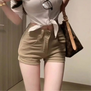 腿精辣妹慵懒直筒休闲直腿裤 卡其色中高腰显收牛仔超短裤 辣妹夏季