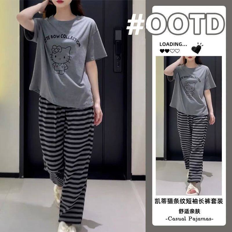 睡衣女夏季短袖长裤2025新款甜美套头夏天休闲家居带胸垫时尚套装