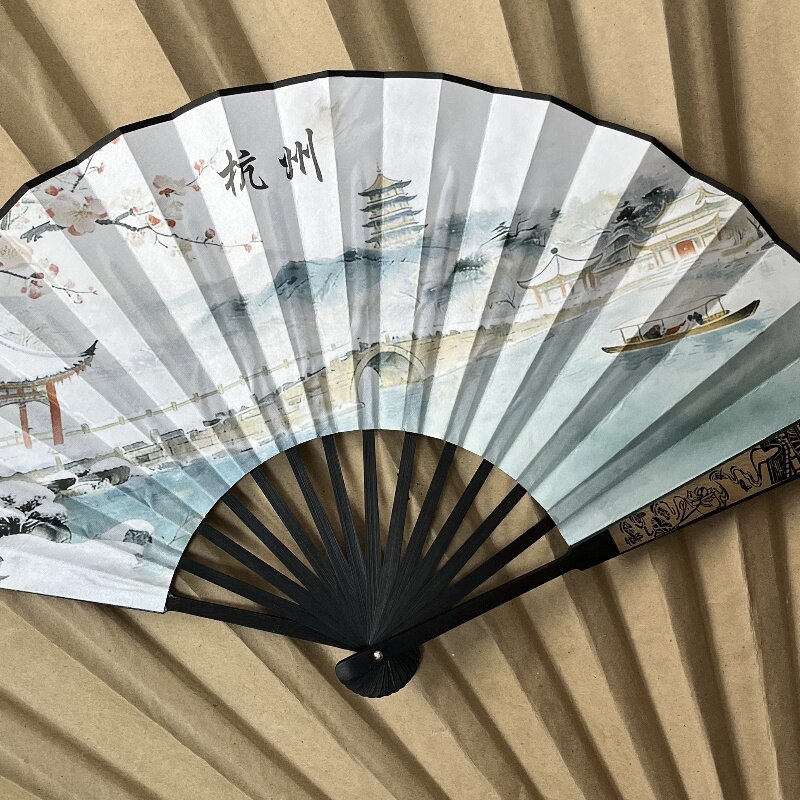 春早10寸双面西湖风景绢扇折扇竹制工艺扇杭州特产商务礼品扇子图片