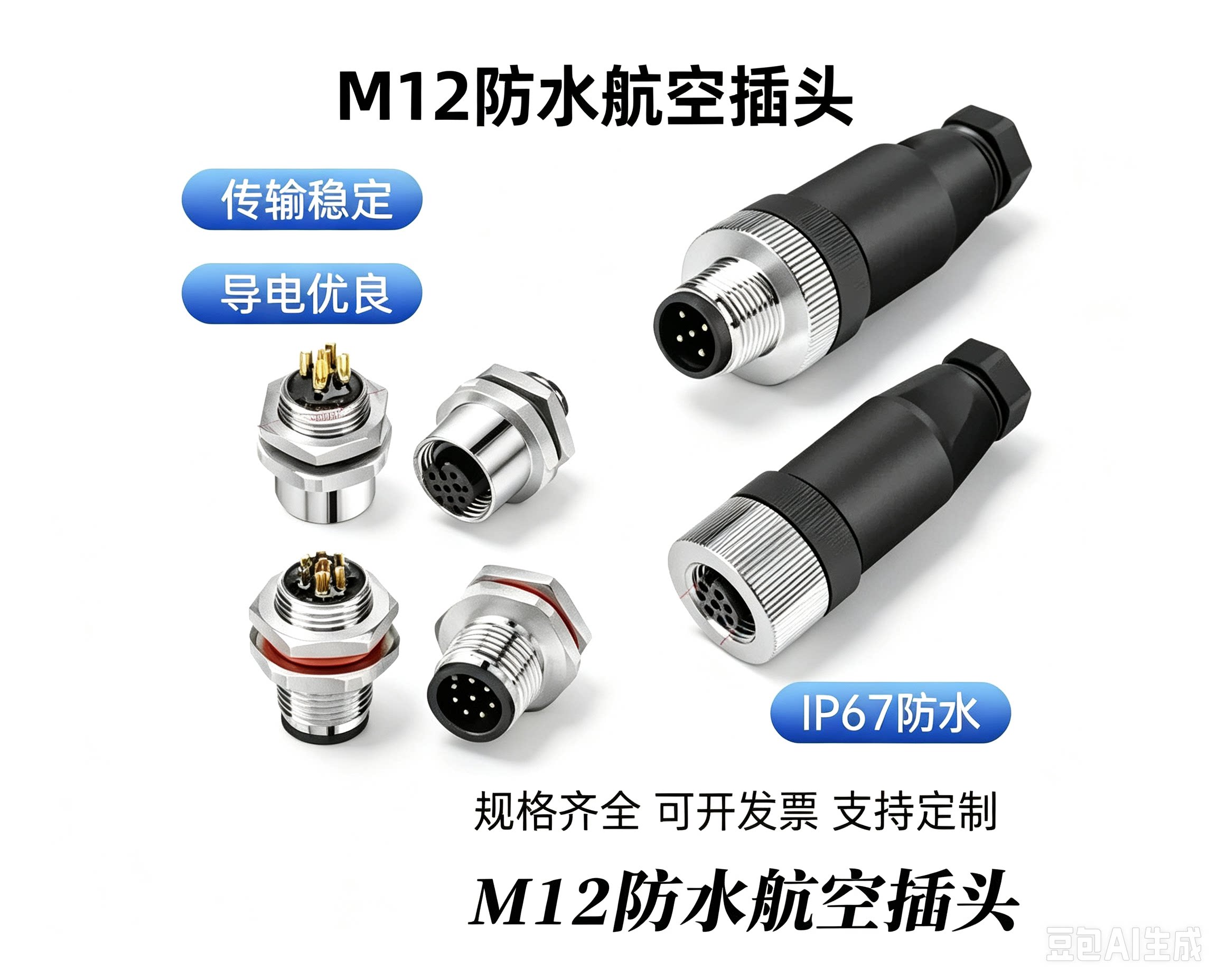 m12航空插头连接器针孔螺丝压线										