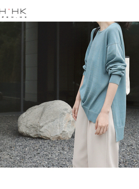 PKH.HK气质女装折扣店  CHAO舒服天蚕丝简约圆领侧开衩长袖针织