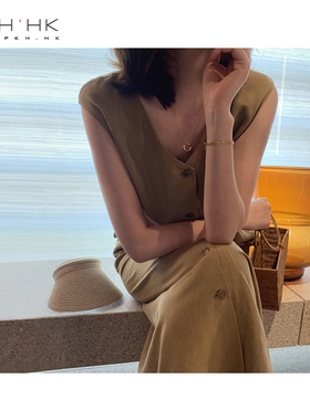 PKHHK气质女装折扣店 日系时髦轻熟风前后两穿精麻棉长连衣裙