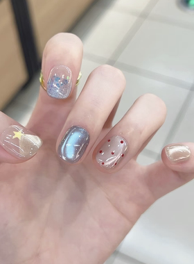 冰透蓝色穿戴甲猫眼波点亮片可爱