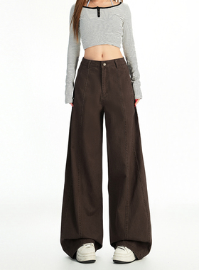 复古高腰阔腿牛仔裤女2026年春季新款咖色显瘦宽松百搭拖地直筒裤