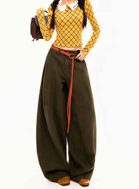 美式复古褶皱弯刀牛仔裤女春季新款美拉德棕色高腰宽松显瘦阔腿裤