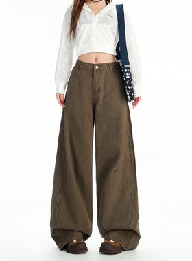 美式复古水洗做旧高腰阔腿裤女2026年春款宽松显瘦咖色直筒牛仔裤