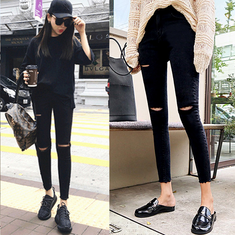 Korean pierced jeans womens Leggings 2021 early autumn new high waist slim 89 point tight Leggings