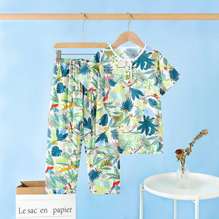 儿童绵绸睡衣短袖长裤套装男童纯棉绸人造棉家居服空调服大童套装